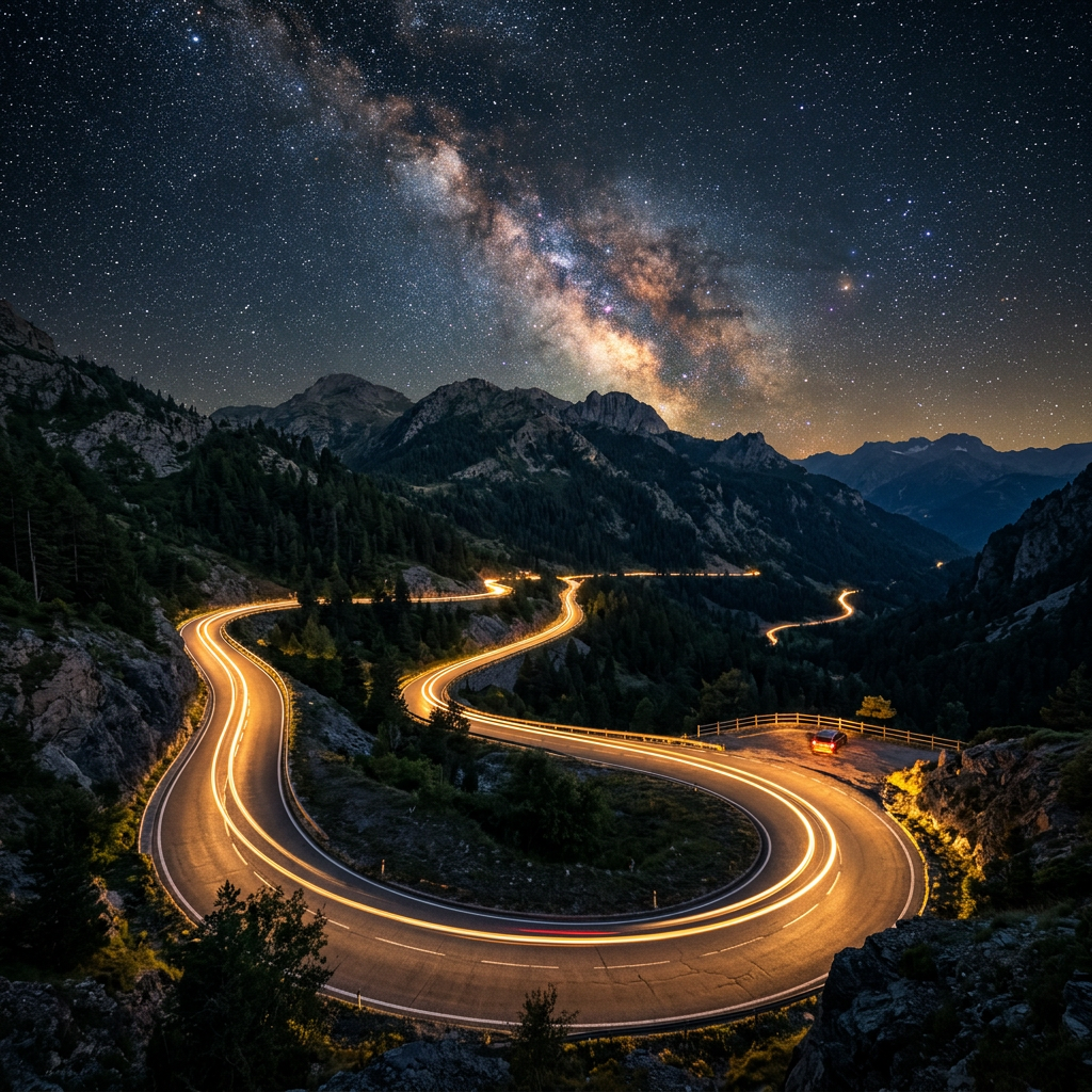 Winding mountain road with light trails beneath the Milky Way