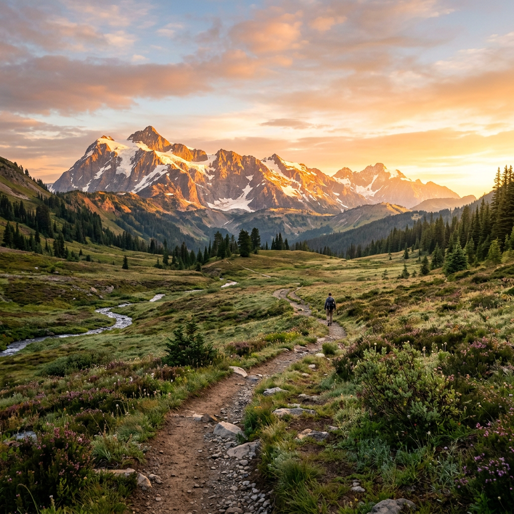 Hiker on an alpine trail beneath snow-capped mountains at sunset